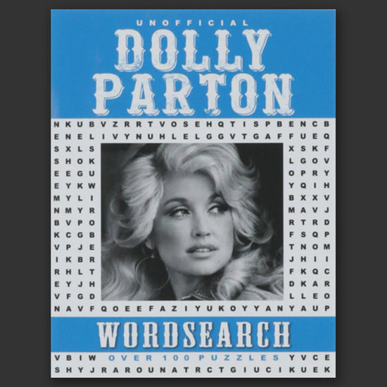 A blue and grey paperback book on a grey background. In the center is a black and white photo of musician Dolly Parton, surrounded by random letters. At the top and bottom are blue banners. White text says "unofficial Dolly Parton Wordsearch."