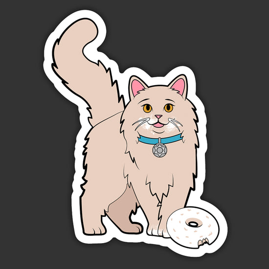 Cartoon cat with a blue collar and a donut on a black background