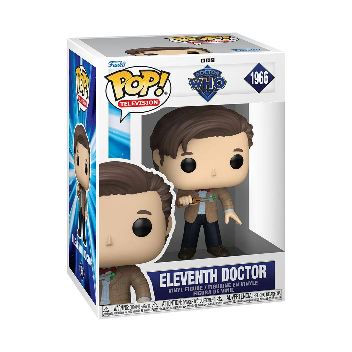 A Funko Pop! figure depicting the Eleventh Doctor from Dr. Who in a cardboard display box