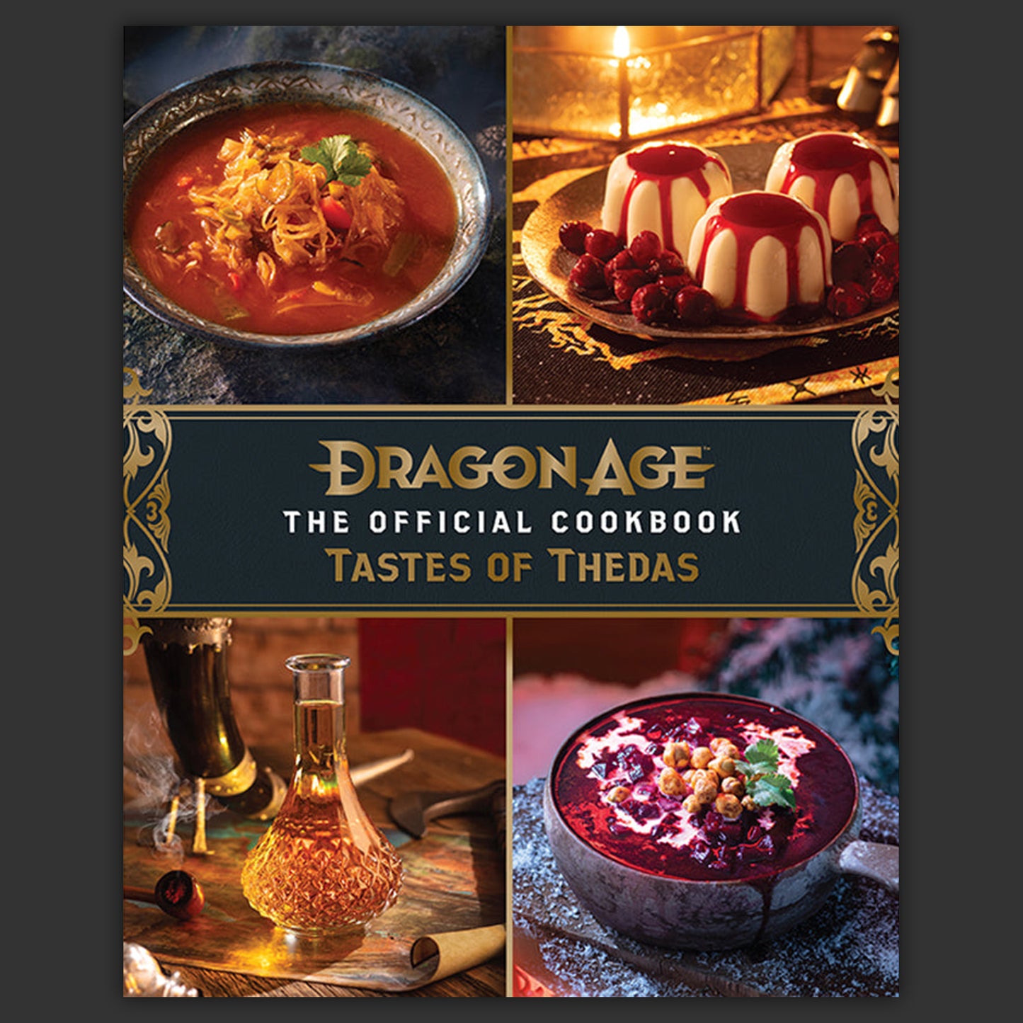 Cover of 'Dragon Age: The Official Cookbook Tastes of Thedas' with images of food and a dark background.