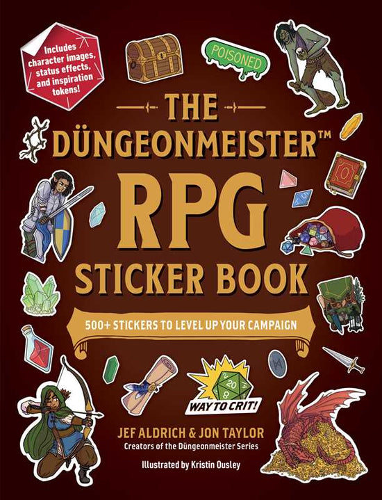 A brown book on a white background. The cover of the book has a collection of stickers scattered around it, each depicting a character or item that is typically found in fantasy role playing games. Light brown text says "The dungeonmeister RPG sticker book." 