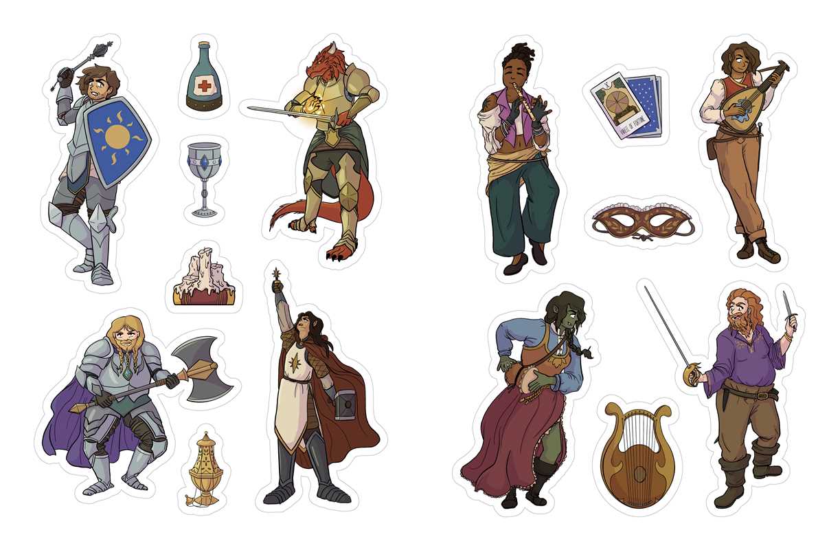 A collection of stickers depicting characters and items typically found in a fantasy role playing game.