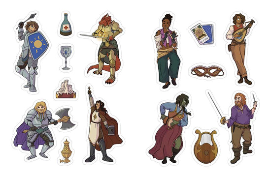 A collection of stickers depicting characters and items typically found in a fantasy role playing game.