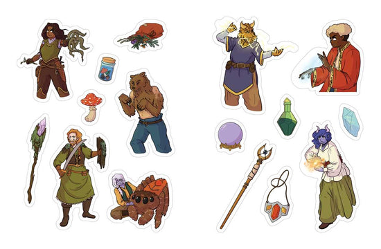 A collection of stickers depicting characters and items typically found in a fantasy role playing game.