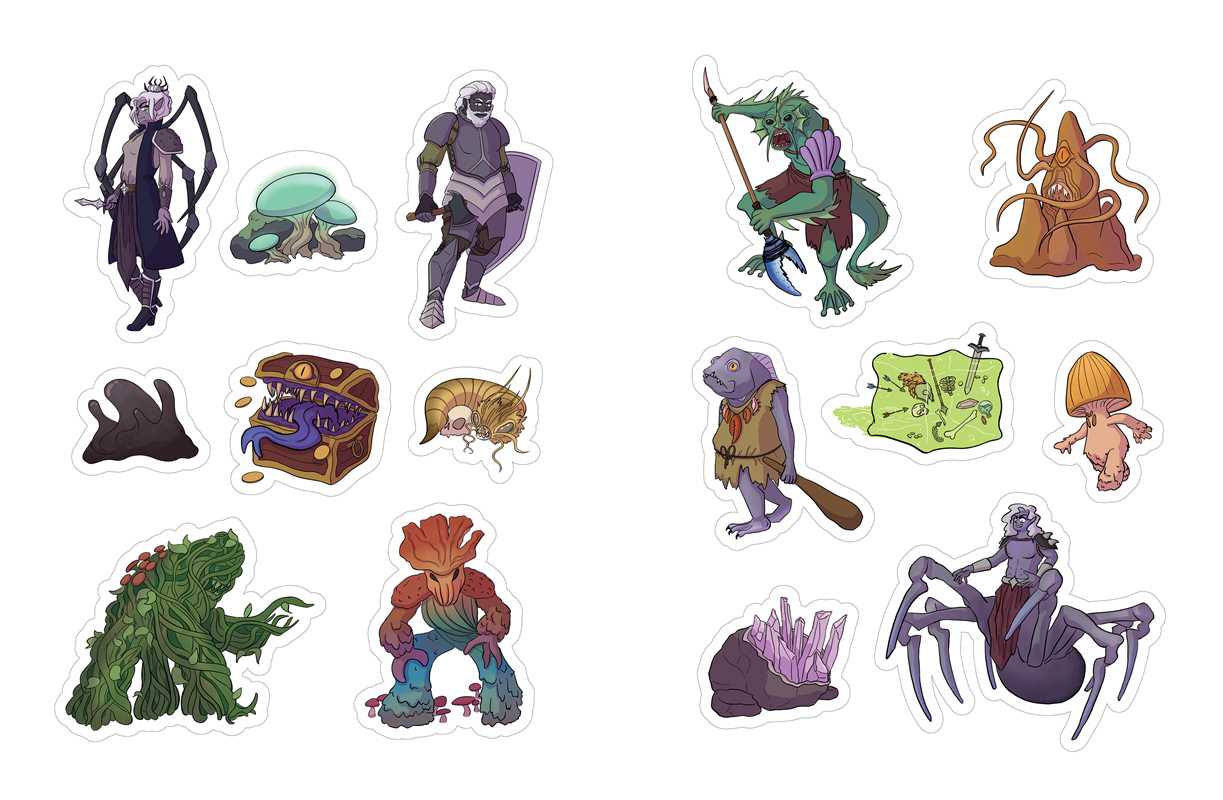 A collection of stickers depicting characters and items typically found in a fantasy role playing game.