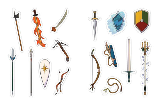 A collection of stickers depicting weapons typically found in a fantasy role playing game.