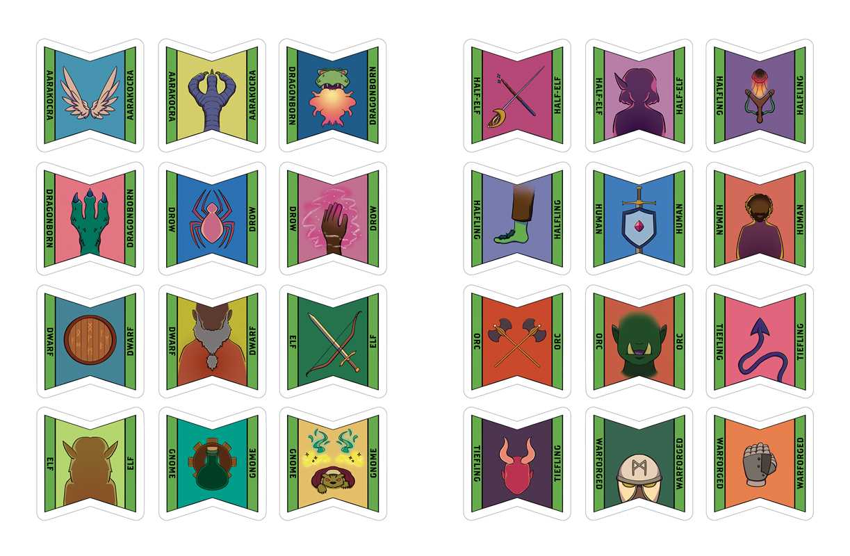 A collection of stickers listing various species typically found in a fantasy role playing game.