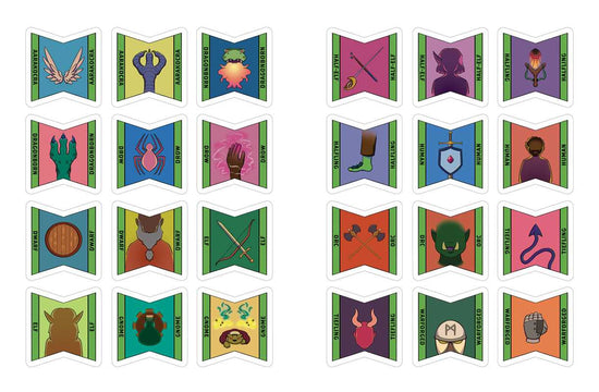 A collection of stickers listing various species typically found in a fantasy role playing game.