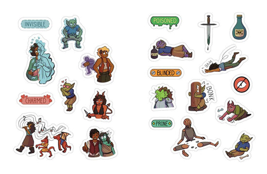 A collection of stickers depicting characters and items typically found in a fantasy role playing game.