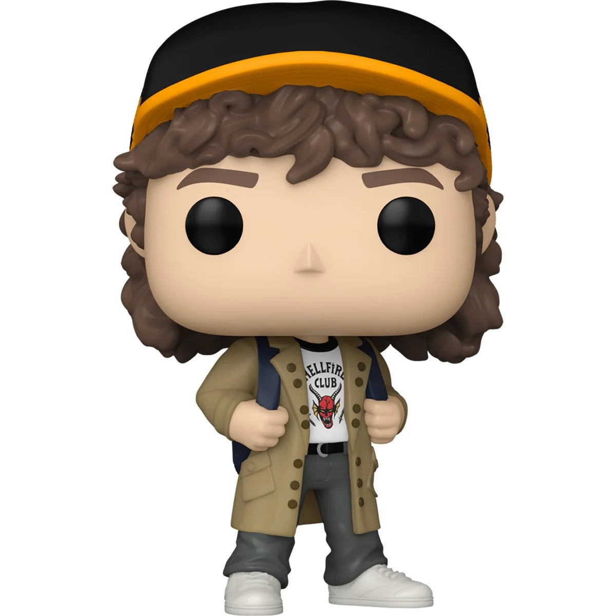 A bobblehead figure depicting Dustin Henderson from the TV series Stranger Things, against a white background. He is wearing a Hellfire Club t-shirt under a tan raincoat, with a striped hat on his head.