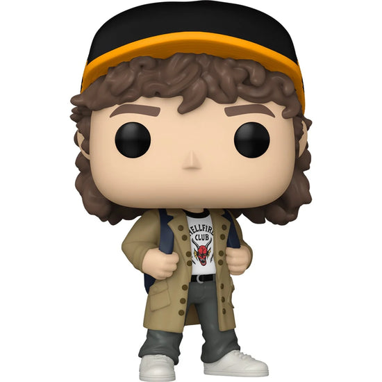 A bobblehead figure depicting Dustin Henderson from the TV series Stranger Things, against a white background. He is wearing a Hellfire Club t-shirt under a tan raincoat, with a striped hat on his head.