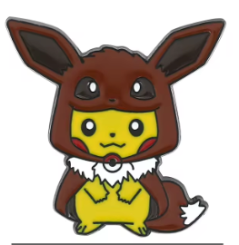 An enamel pin depicting the Pokemon character Pikachu dressed as Eevee.