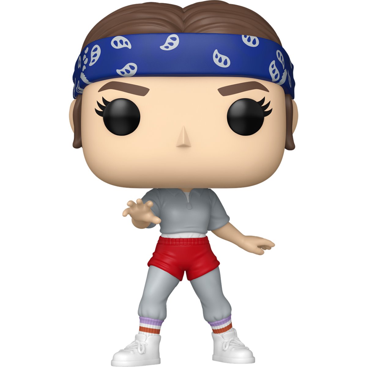 A bobblehead figure depicting Eleven from the TV series Stranger Things, against a white background. She is wearing gym clothes and a blue headband.