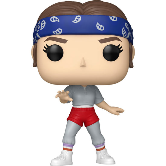 A bobblehead figure depicting Eleven from the TV series Stranger Things, against a white background. She is wearing gym clothes and a blue headband.