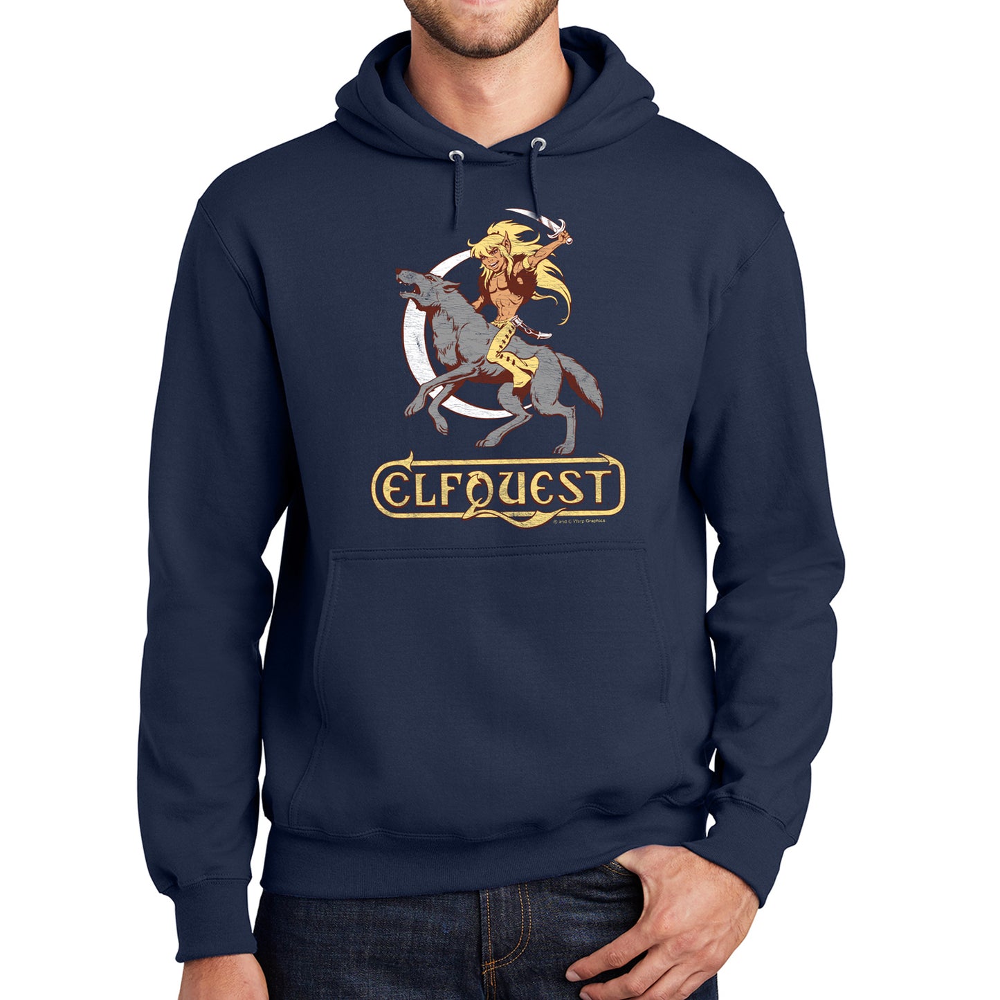 A male model wearing a blue pullover hoodie. On the front is a drawing of the character Cutter from the ElfQuest comic series, riding on a giant grey wold and brandishing a curved dagger. In the background is a narrow, white sliver of the moon.