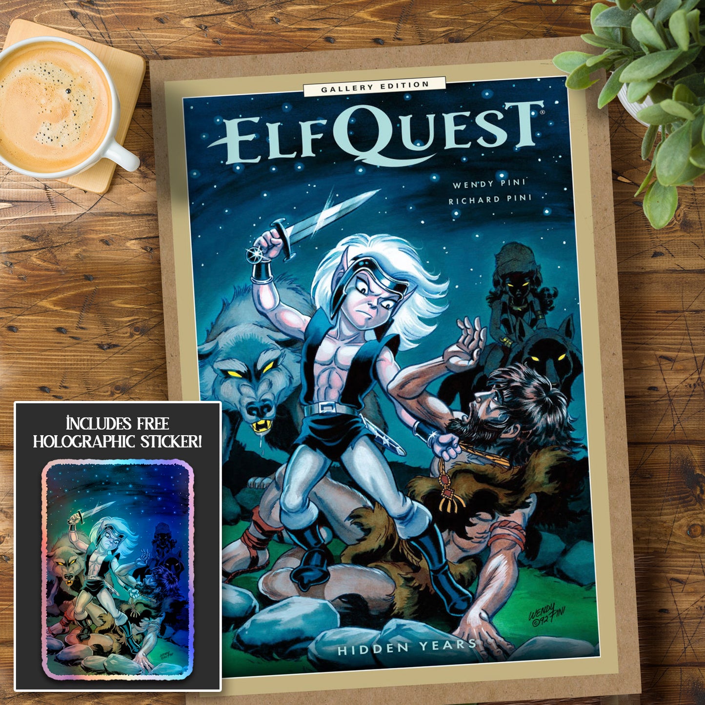 ElfQuest book on a wooden surface with a cup of coffee and plant