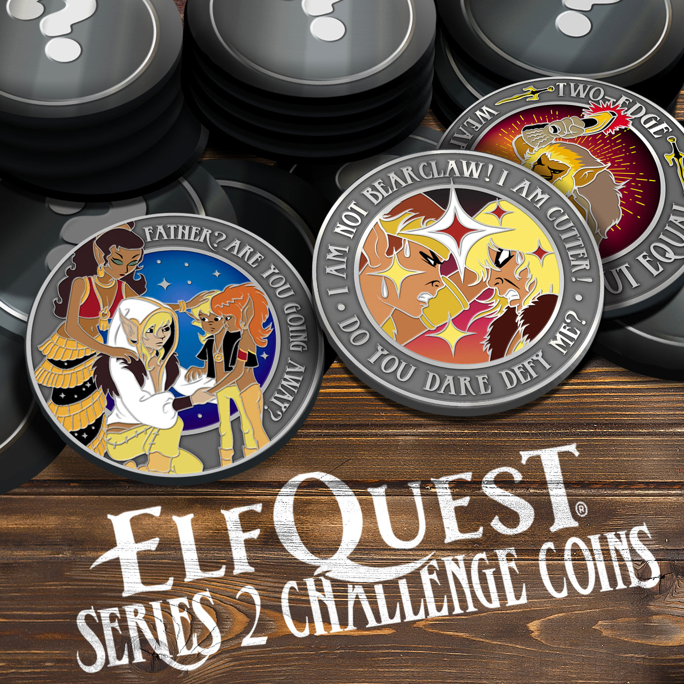 A pile of grey challenge coins on a wooden table. All of the coins except three have white question marks in their centers. The front coin shows two ElfQuest characters glaring at each other. The left coin shows Cutter and his family. The back coin shows Two-Edge forging a knife.