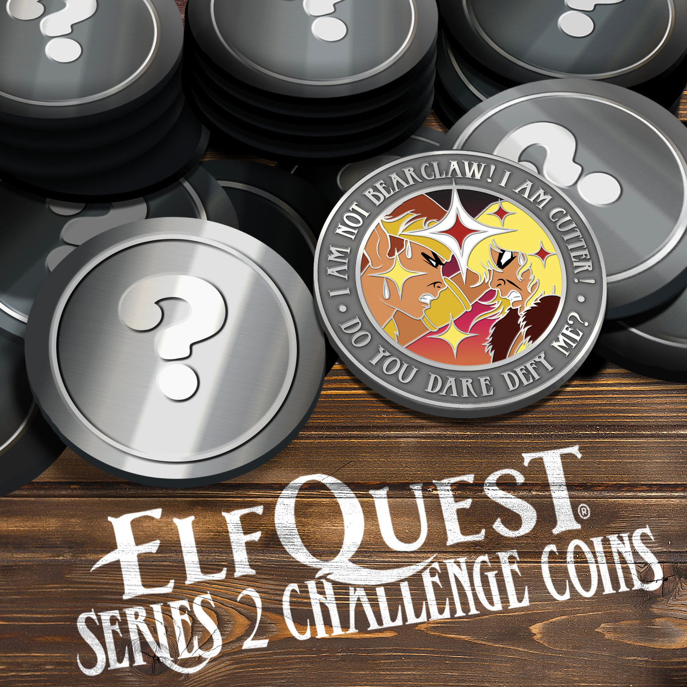 A pile of grey challenge coins on a wooden table. All of the coins except one have white question marks in their centers. The last coin shows two ElfQuest characters glaring at each other.