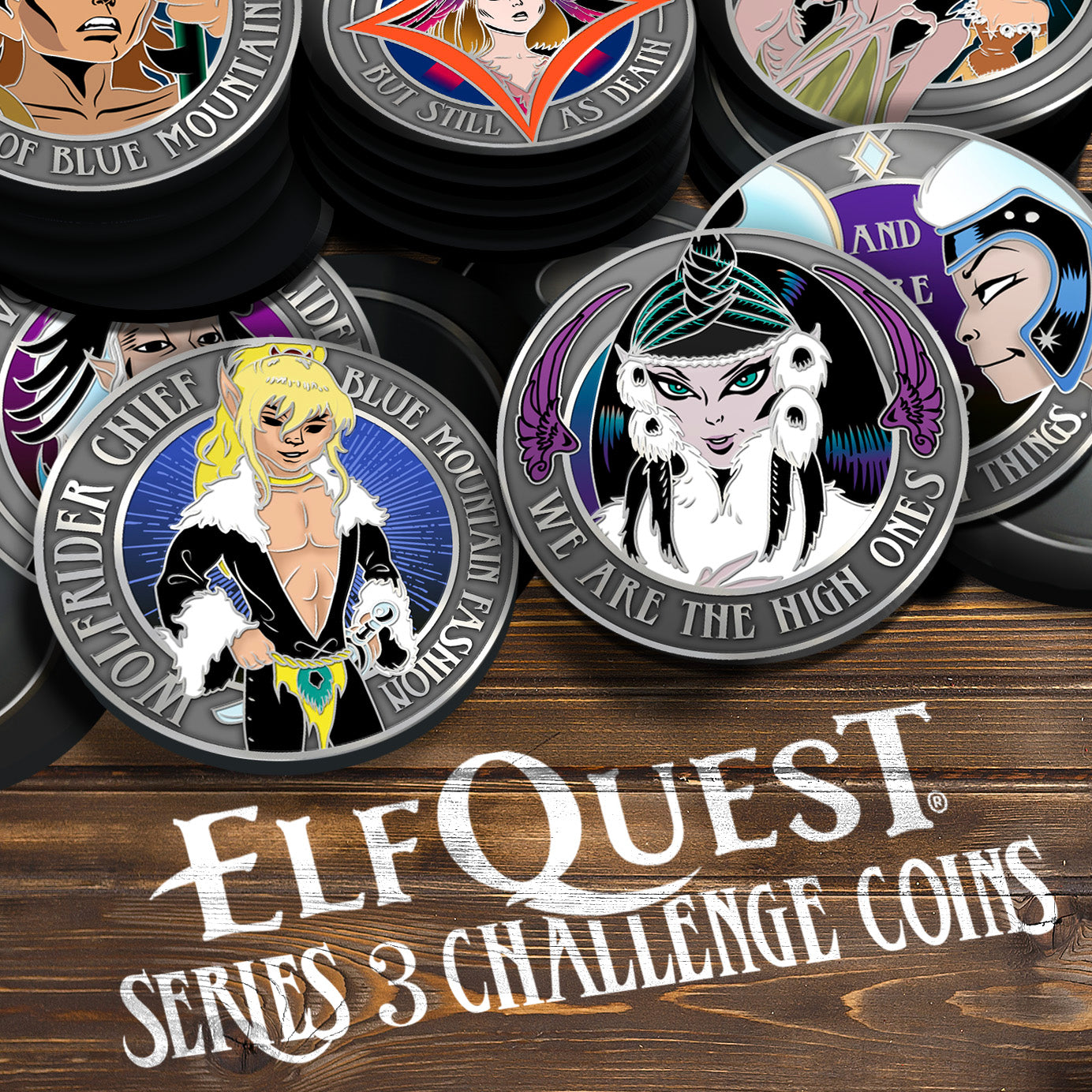 A collection of silver metal  coins on a wooden table. The coins show various scenes and characters from ElfQuest. White writing at the bottom reads: ElfQuest Series 3 Challenge Coins.