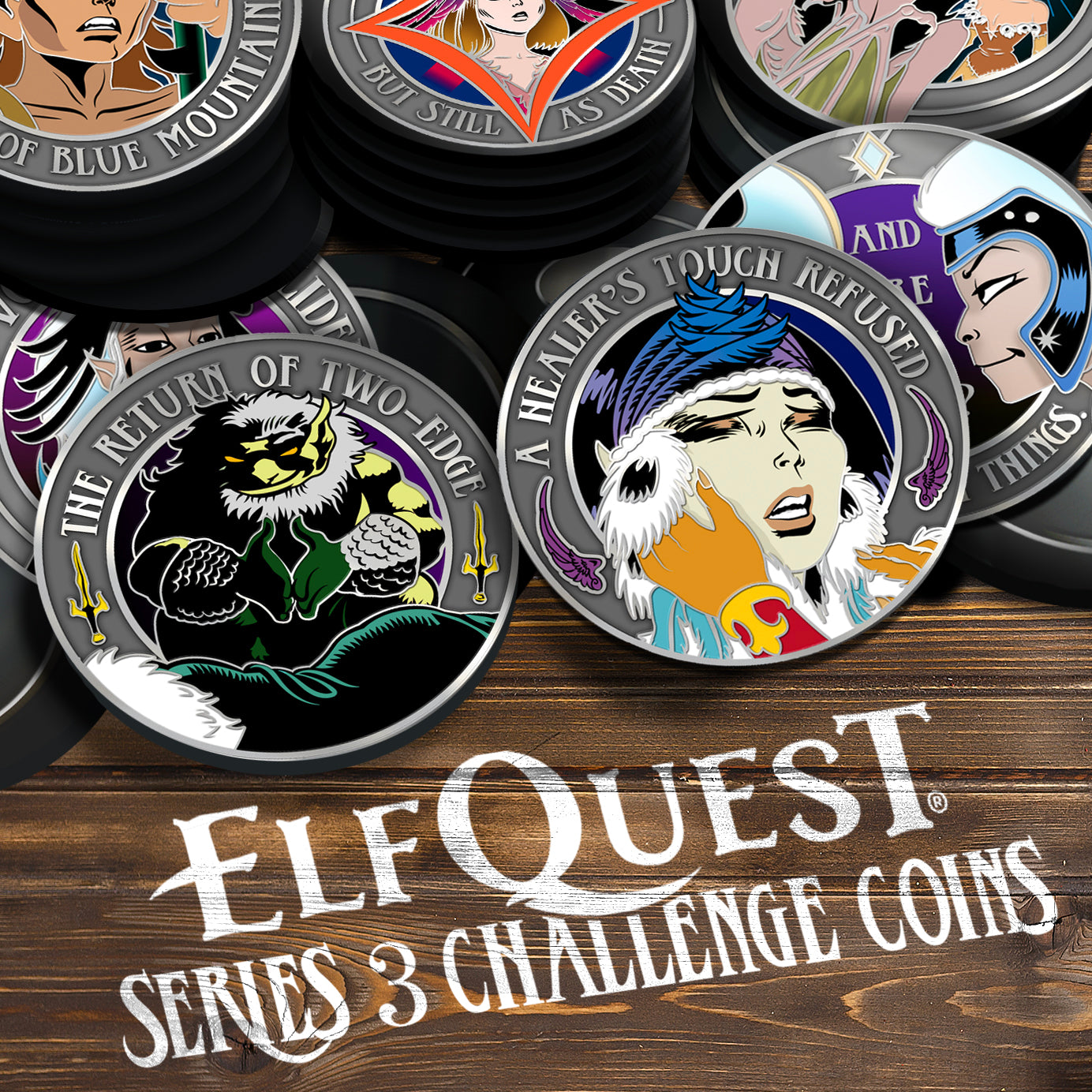 A collection of silver metal  coins on a wooden table. The coins show various scenes and characters from ElfQuest. White writing at the bottom reads: ElfQuest Series 3 Challenge Coins.