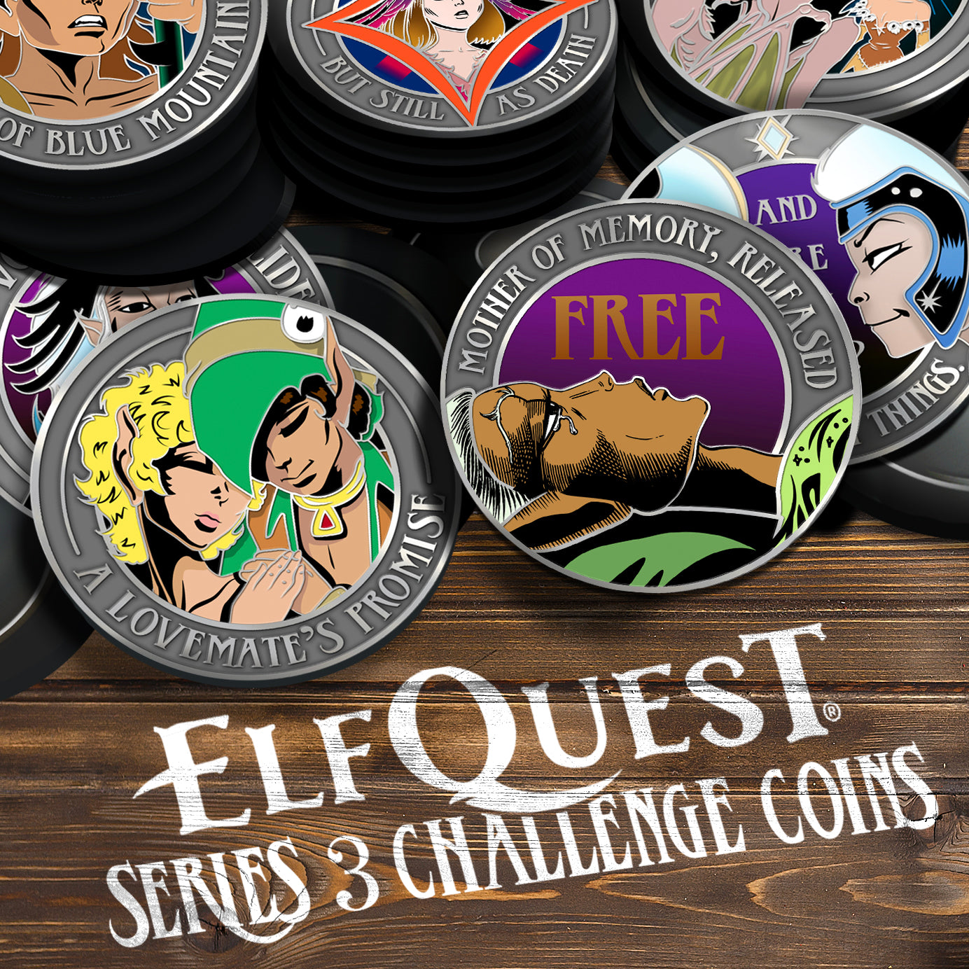 A collection of silver metal  coins on a wooden table. The coins show various scenes and characters from ElfQuest. White writing at the bottom reads: ElfQuest Series 3 Challenge Coins.