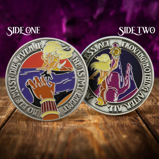 A front and back image of a brass challenge coin, on a wood table. On the front is a drawing of the Elfquest character Cutter, reaching out to grab a dark brown hand. Raised text around the edge says “no elf must die, even if he is my enemy.” The back of the coin depicts the Cutter against a purple mountain. Around the edge, raised text says “A meaningless act, proving nothing after all." Behind the coin is a fiery purple background.