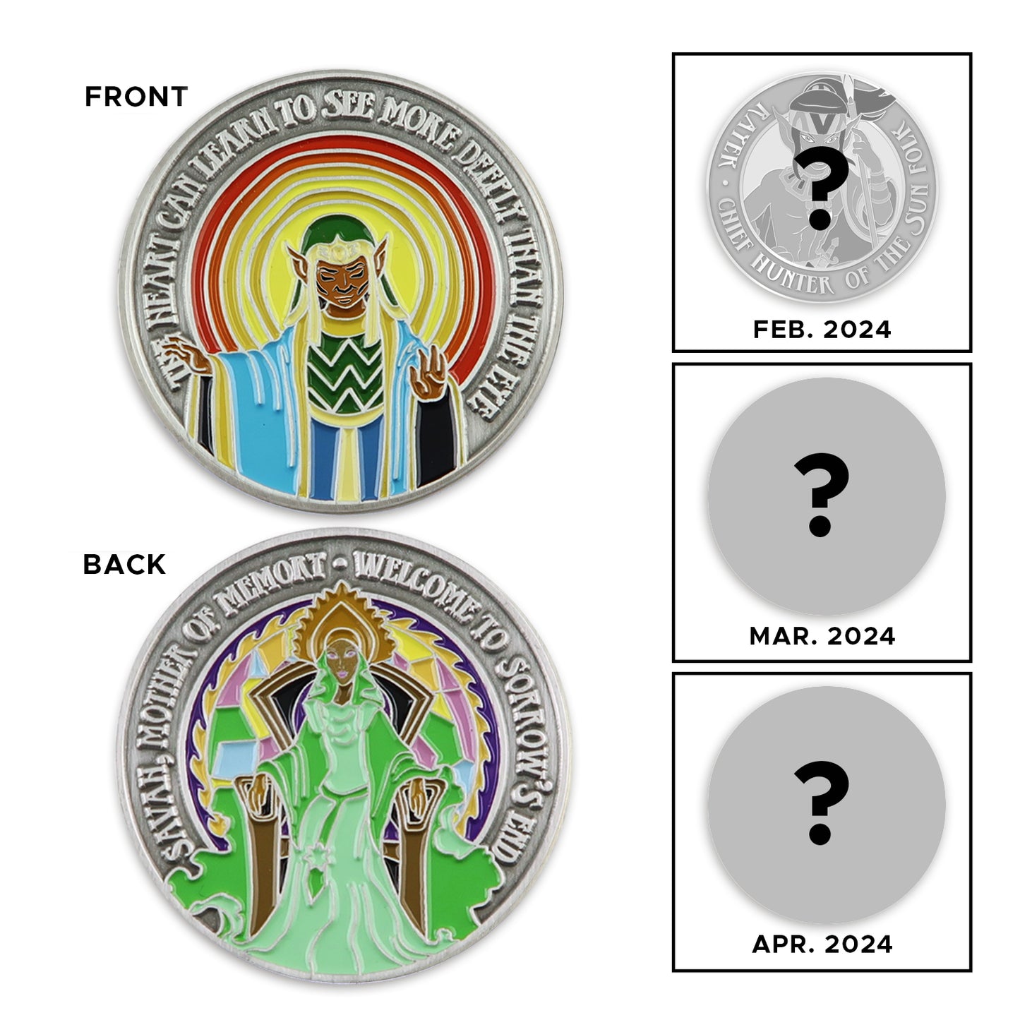 Load image into Gallery viewer, Front and back images of a brass challenge coin, on a wood table. The front depicts an elf in blue robes, with red and yellow waves radiating outward. Raised text around the edge reads &amp;quot;the heart can learn to see more deeply than the eye.&amp;quot; The back of the coin shows an elf queen in green robes. Raised text around the egde reads &amp;quot;Savah, mother of memort, welcome to sorrow&amp;#39;s end.&amp;quot; On the right are gray coins, teasing upcoming challenge coins
