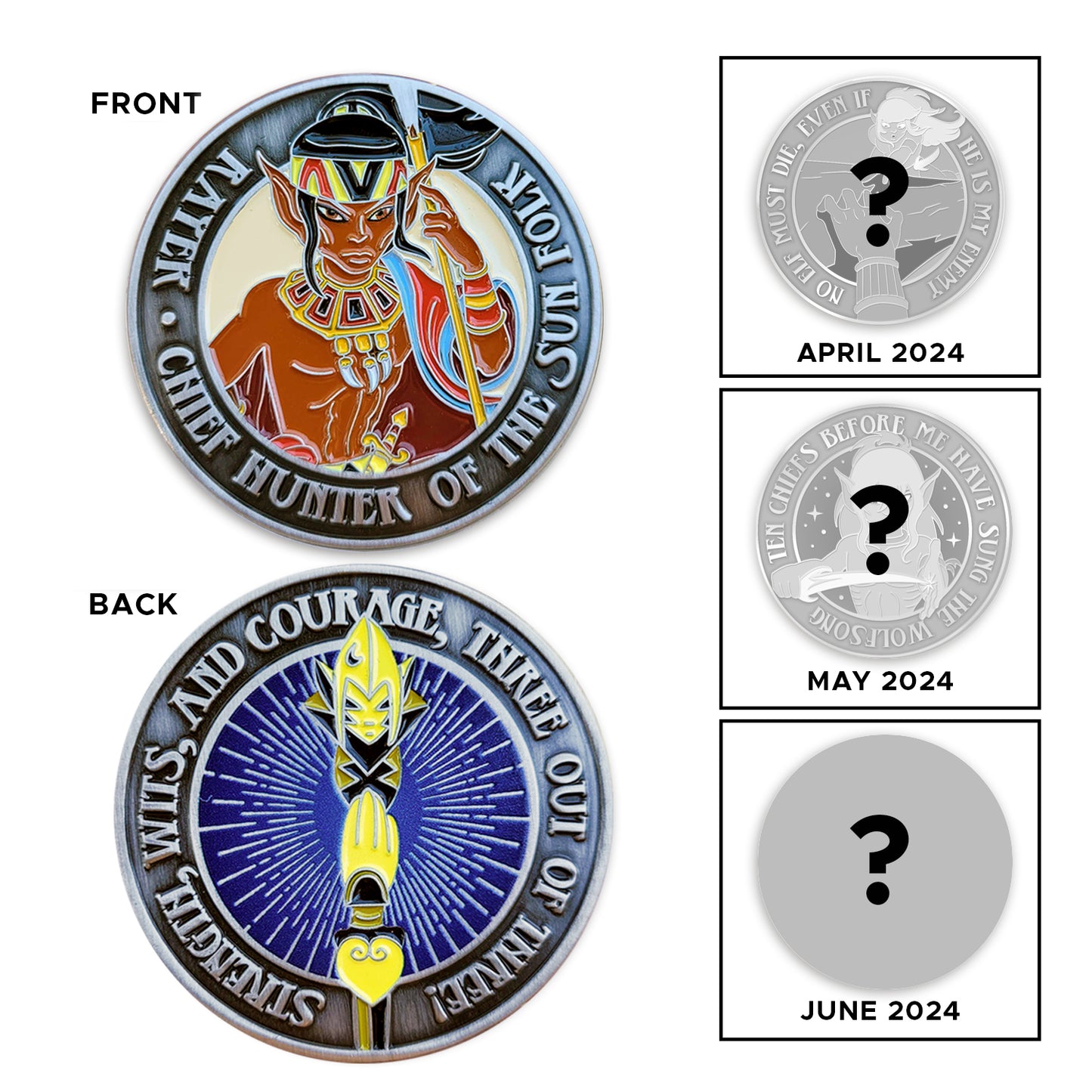 Front and back images of a brass challenge coin, on a wood table. The front depicts an elf with a yellow headband, wearing a collar. The elf is carrying a spear, and a red & blue robe is draped over his arm. Raised text around the edge reads "Rayek, chief hunter of the sun folk." The back shows a yellow spear tip on a blue background. Raised text around the egde reads "Strength, wits, and courage, three out of three!" On the right are gray coins, teasing upcoming challenge coins