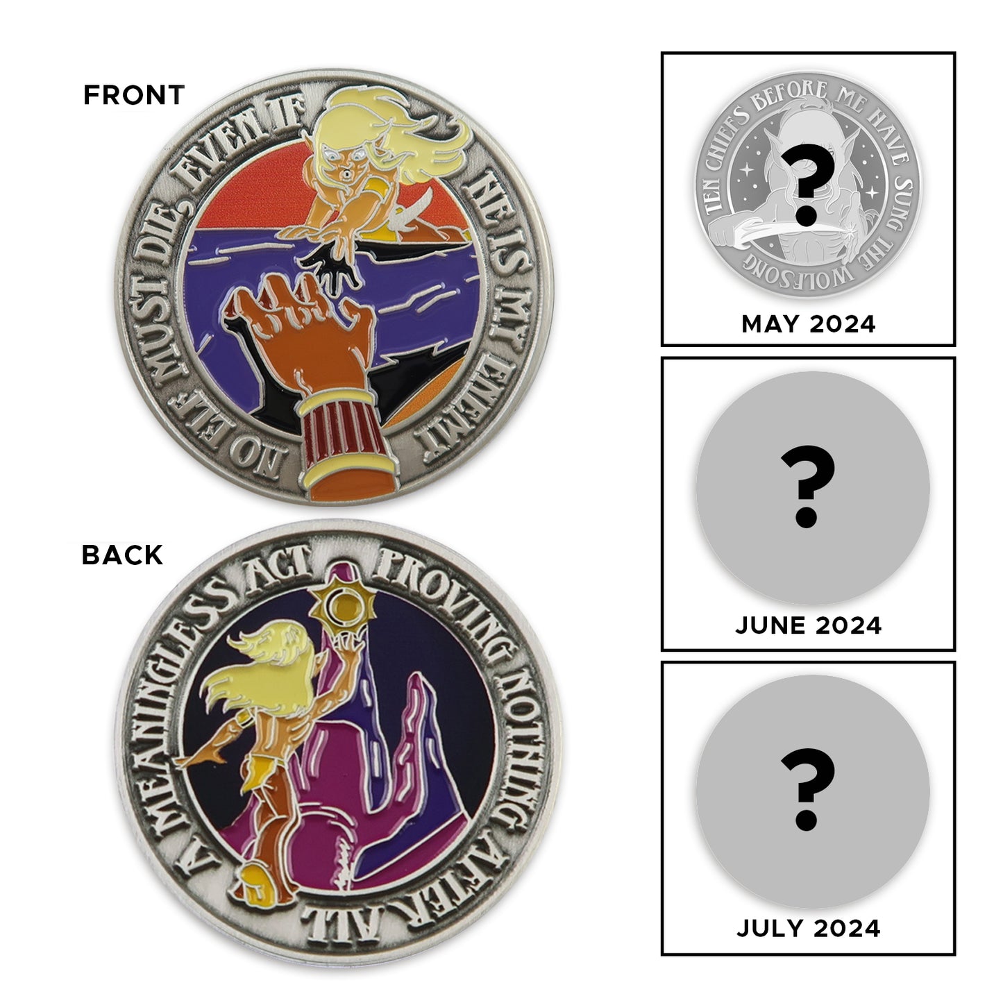 A front and back image of a brass challenge coin, against a white background. On the front is a drawing of the Elfquest character Cutter, reaching out to grab a dark brown hand. Raised text around the edge says “no elf must die, even if he is my enemy.” The back of the coin depicts the Cutter against a purple mountain. Around the edge, raised text says “A meaningless act, proving nothing after all." 