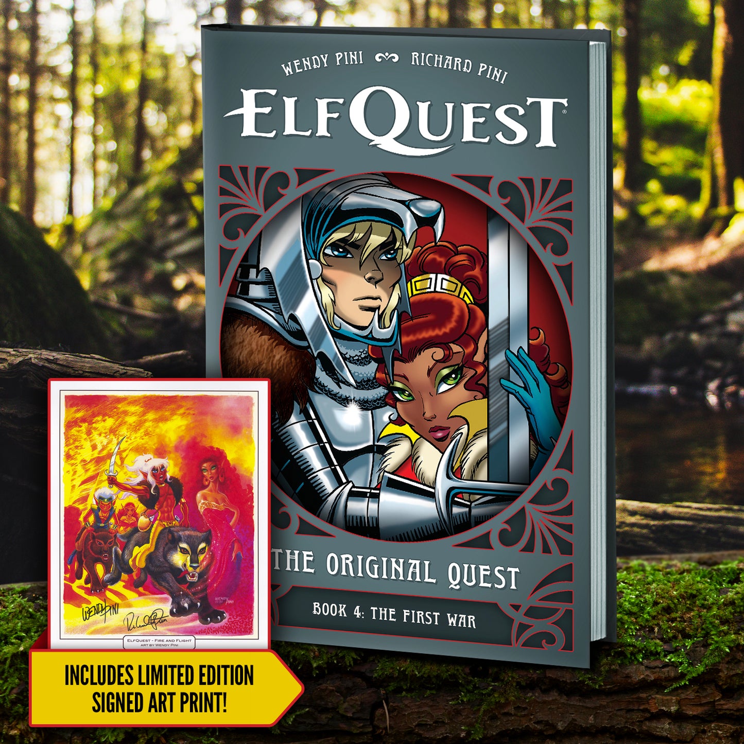 A grey hardcover book standing on a moss-covered log. The front cover depicts characters from the comic series "ElfQuest." White text says "Elfquest, the original quest. Book 4, the first war." Next to the book is an inset image of a signed Elfquest poster, above a yellow banner with black text saying "includes limited edition signed art print!" In the background is a forest in sunlight.