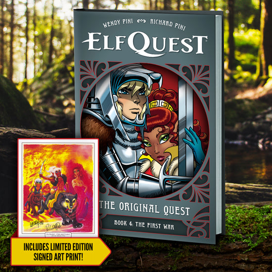 A grey hardcover book standing on a moss-covered log. The front cover depicts characters from the comic series "ElfQuest." White text says "Elfquest, the original quest. Book 4, the first war." Next to the book is an inset image of a signed Elfquest poster, above a yellow banner with black text saying "includes limited edition signed art print!" In the background is a forest in sunlight.