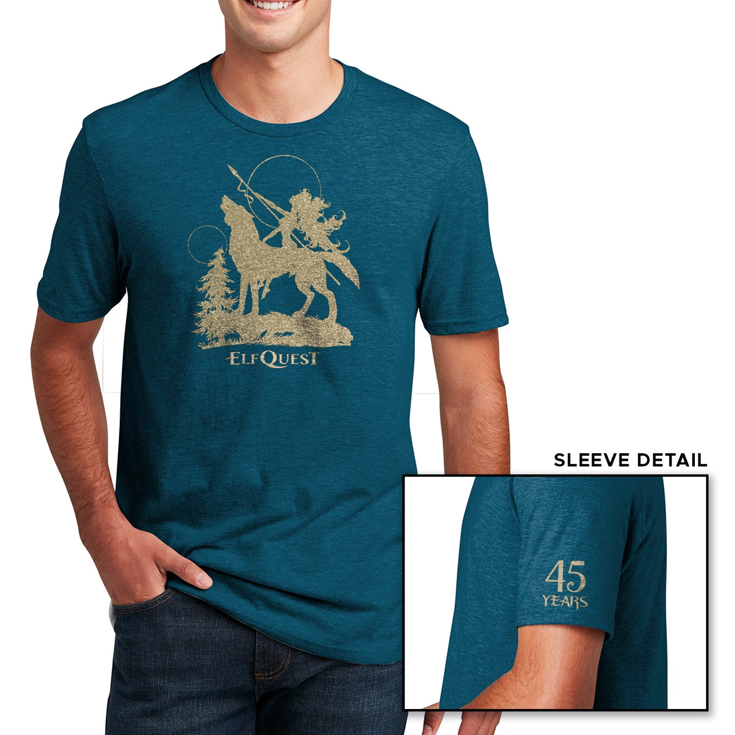 Load image into Gallery viewer, Two images of a male model wearing a teal T-shirt. The larger image has a gold image of an elf riding on the back of a large howling wolf, next to a small tree. The elf is holding a spear, and pointing it toward the sky. Under the wolf is text saying &amp;quot;ELFQUEST.&amp;quot; The smaller image shows the left shoulder of the shirt, with &amp;quot;45 Years&amp;quot; printed in small gold text.
