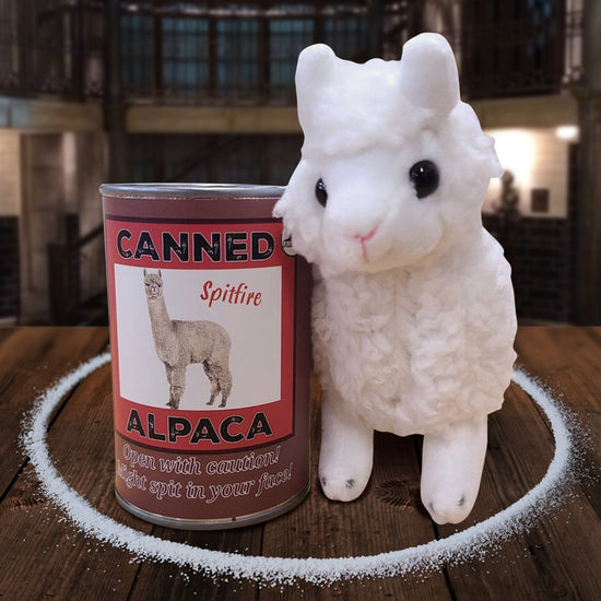 An alpaca plushie next to a brown can, on a wooden table. The front of the can has a picture of an alpaca, with black and white text that says "canned alpaca. Open with caution! Might spit in your face!" A circle of salt surrounds the plushie and can. In the background is The Bunker.