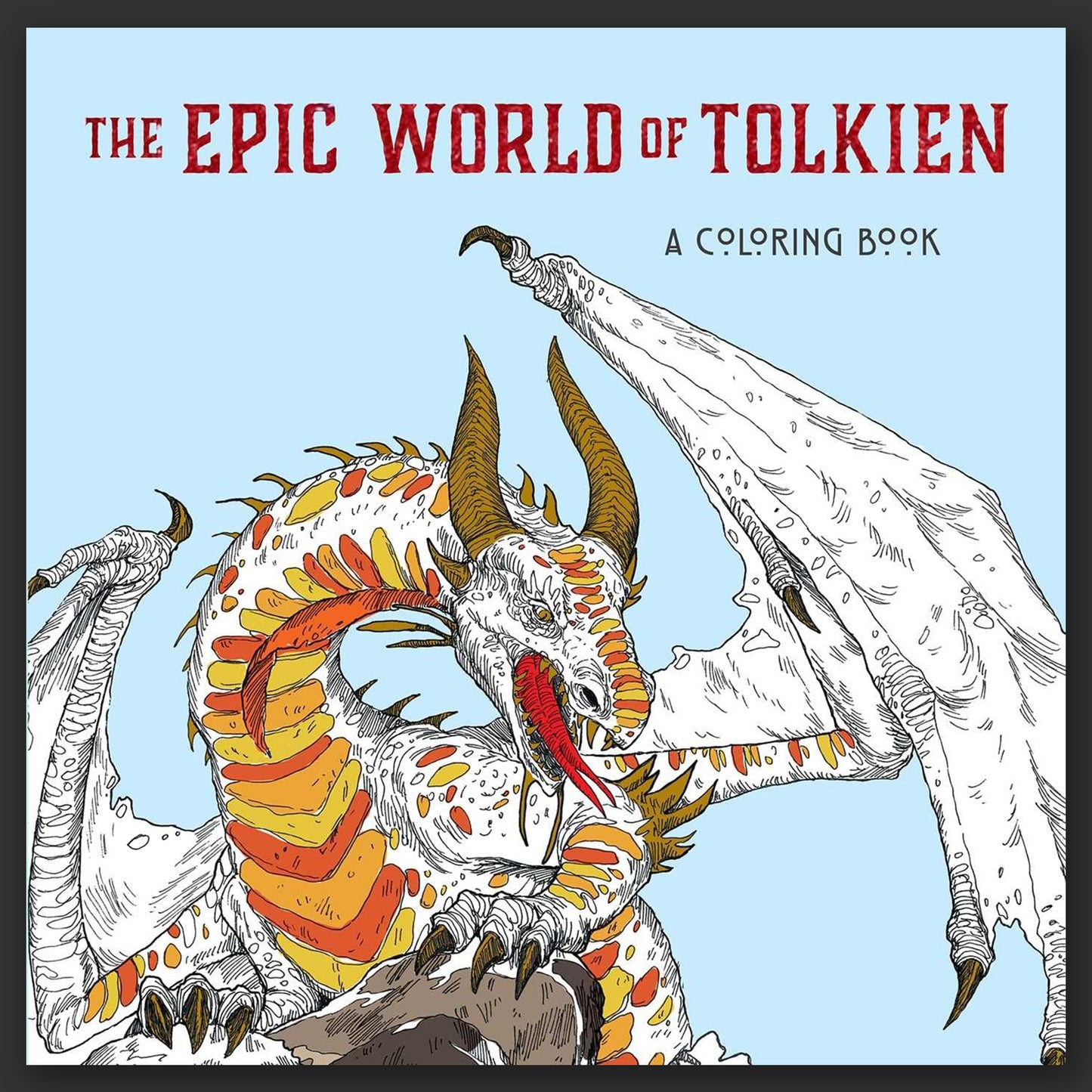 A light blue coloring book with a half-colored in drawing of the dragon Smaug from the Lord of the Rings series.
