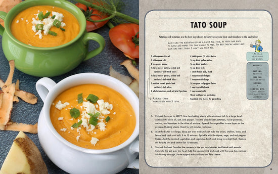 A two-page spread from the book. On the left are small crocks of tomato and sweet potato soup. On the right is the recipe.