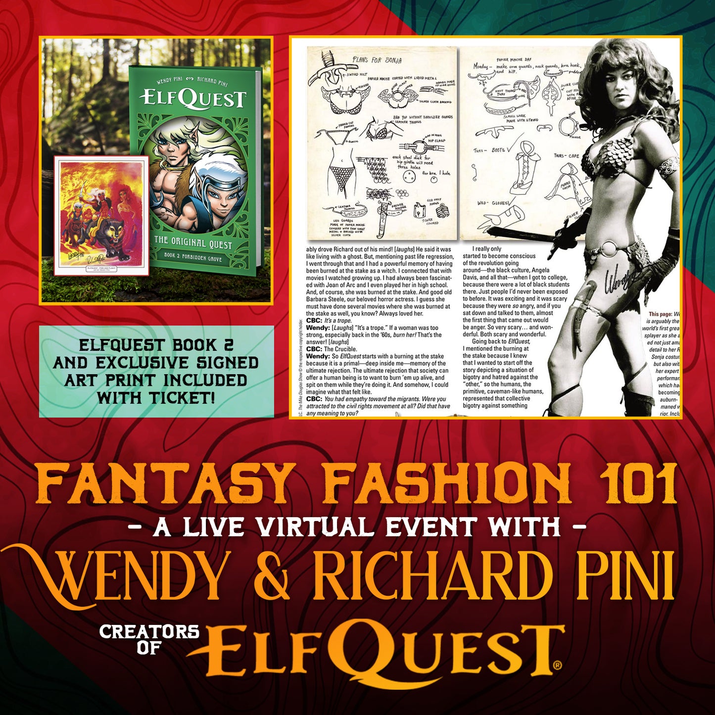 A series of images depicting characters from ElfQuest, alongside an inset image of how to draw fantasy characters. In the background is a red and green swirled pattern. Gold and white text says "Fantasy fashion 101, a live virtual event with Wendy and Richard Pini, creators of ElfQuest."