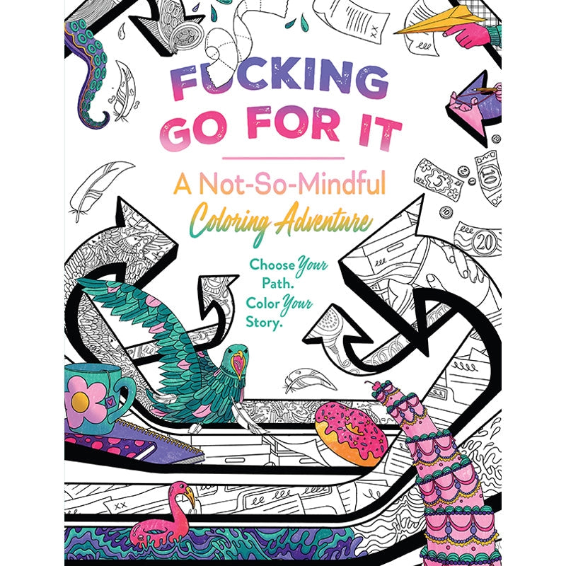 A coloring book entitled "F*cking go for it, a not so mindful coloring adventure." The cover has a collection of arrows and shapes, partially colored in.