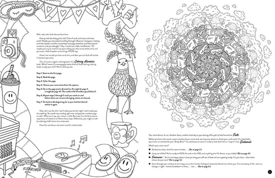 A two-page spread from the book, featuring black and white drawings to be colored in.