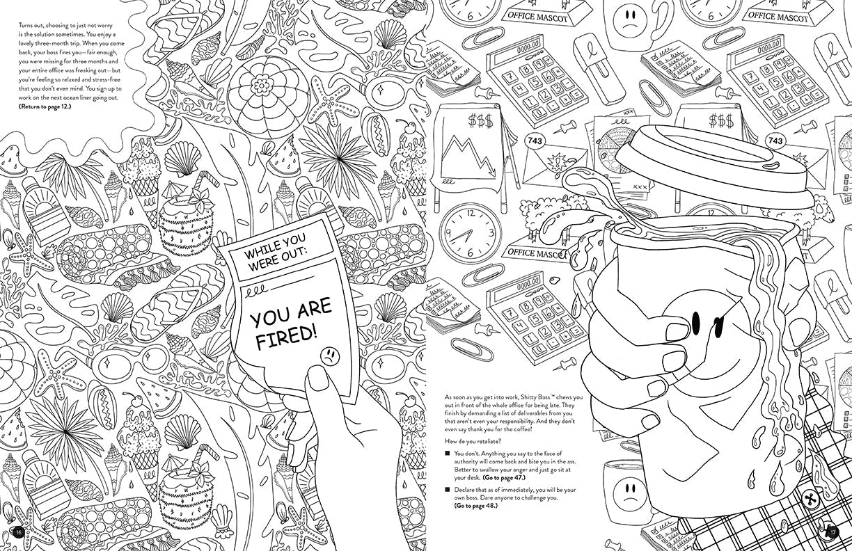 A two-page spread from the book, featuring black and white drawings to be colored in.
