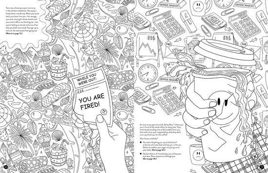 A two-page spread from the book, featuring black and white drawings to be colored in.