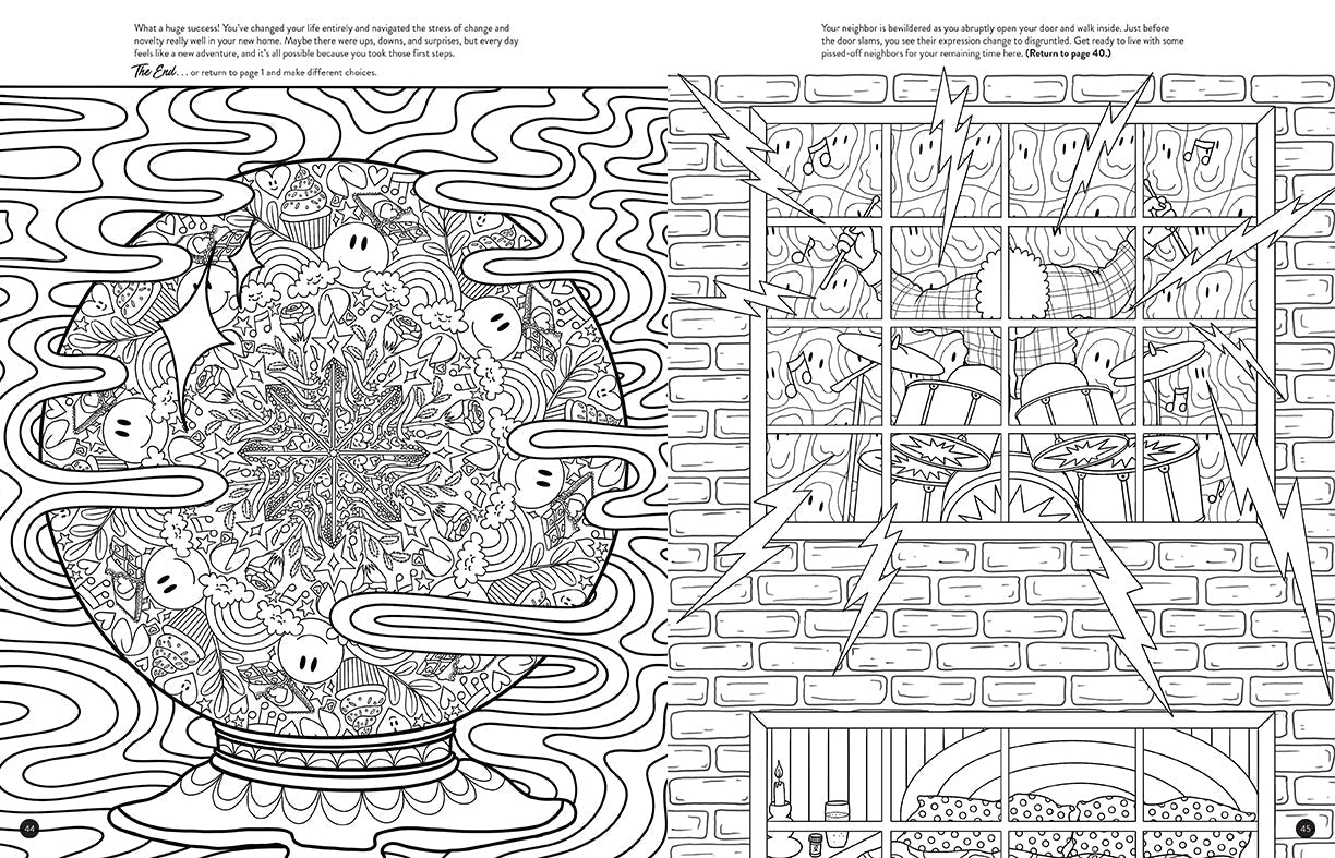 A two-page spread from the book, featuring black and white drawings to be colored in.