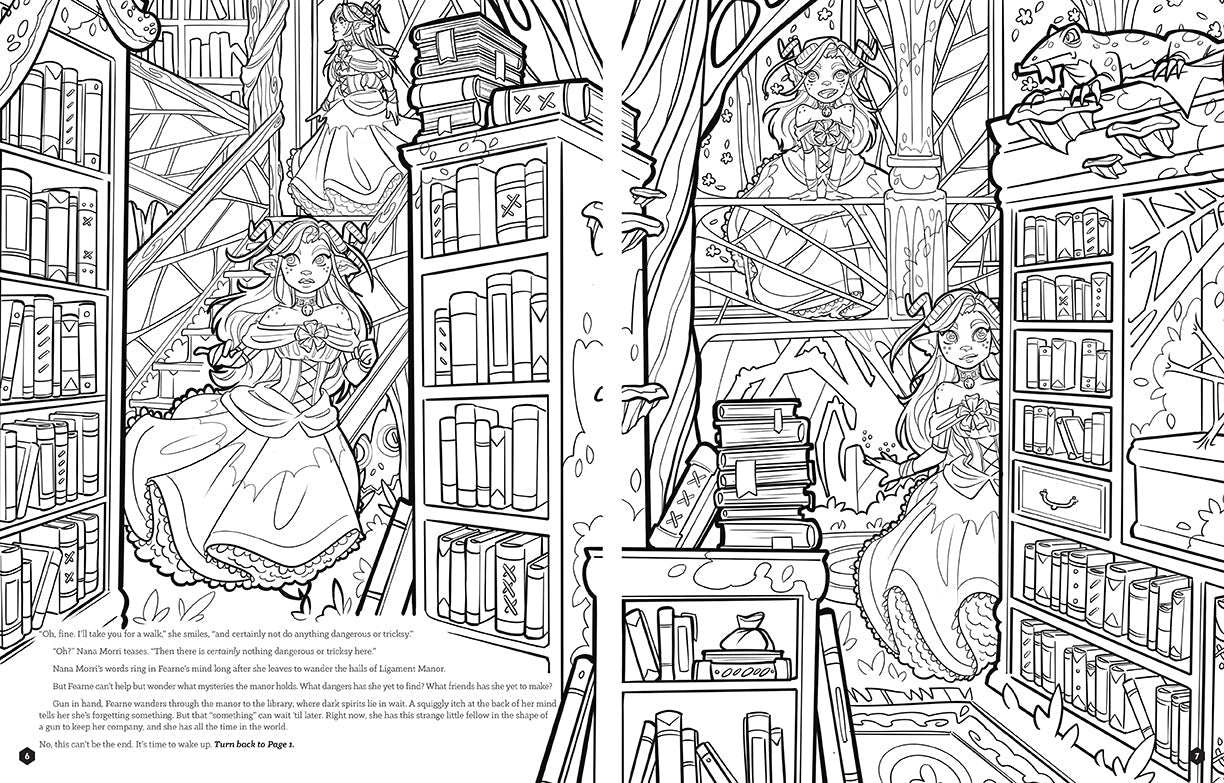 A two-page spread from the book, featuring fantasy characters.