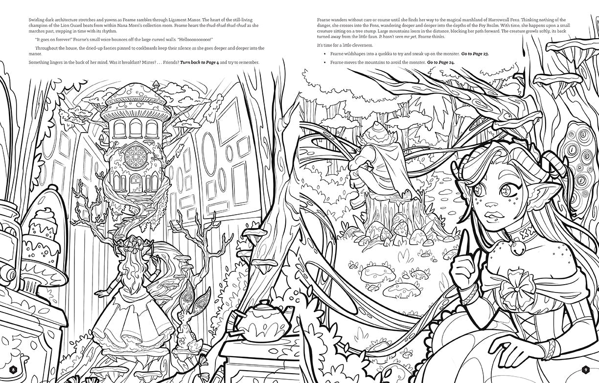 A two-page spread from the book, featuring fantasy characters.