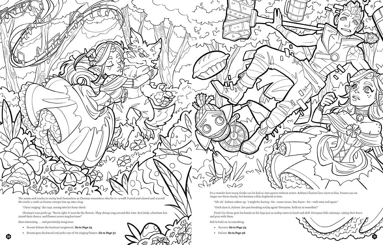 A two-page spread from the book, featuring fantasy characters.