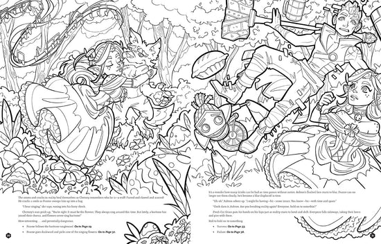 A two-page spread from the book, featuring fantasy characters.