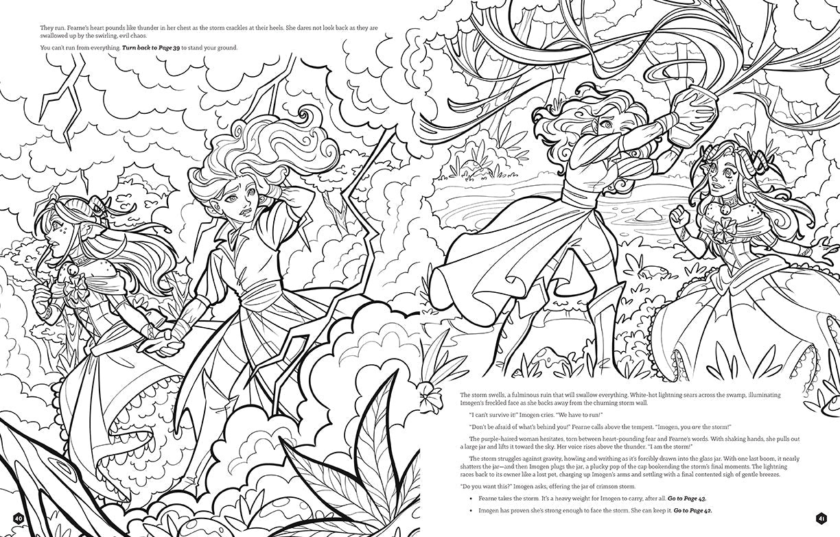 A two-page spread from the book, featuring fantasy characters.