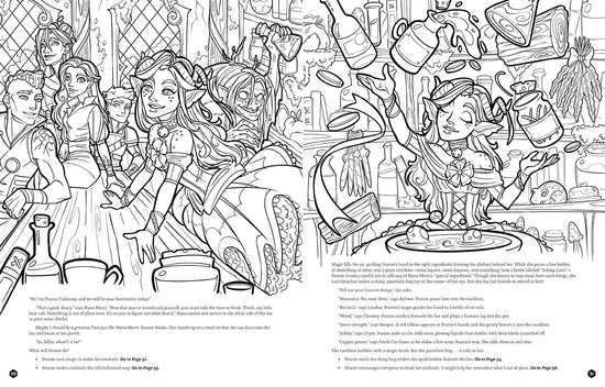 A two-page spread from the book, featuring fantasy characters.