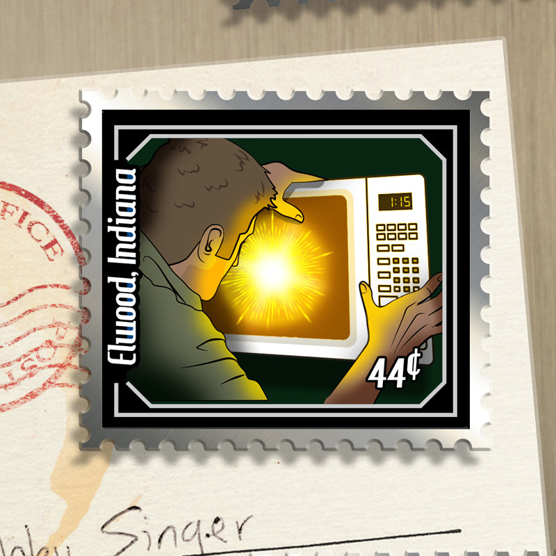 A postage stamp featuring an illustration of a person looking into a glowing microwave, with the text 'Elwood, Indiana' and '44¢' on the stamp, shown on top of a cream-colored letterhead background.