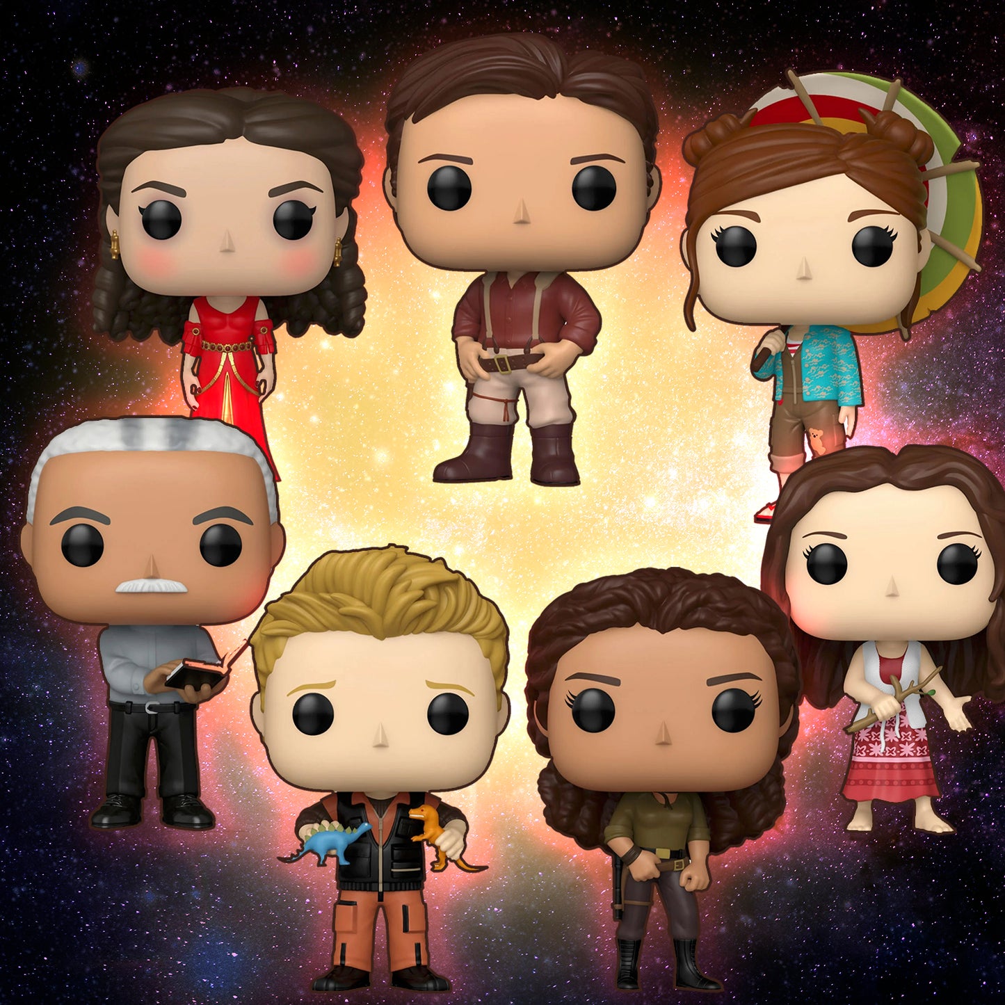 Seven Funko Pop! figures depicting characters from the TV series "Firefly," against an image of stars in deep space.