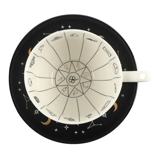A top view of a white teacup with a black saucer, on a white background. Inside the teacup in black are various tea leaf reading symbols, separated by thin black lines.